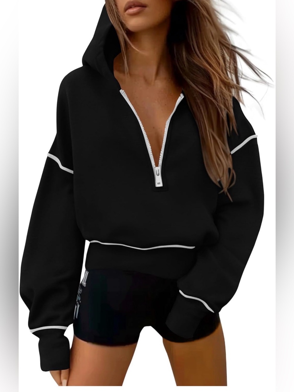 PRETTYGARDEN Women's Hooded Quarter Zip Sweatshirt- black & white